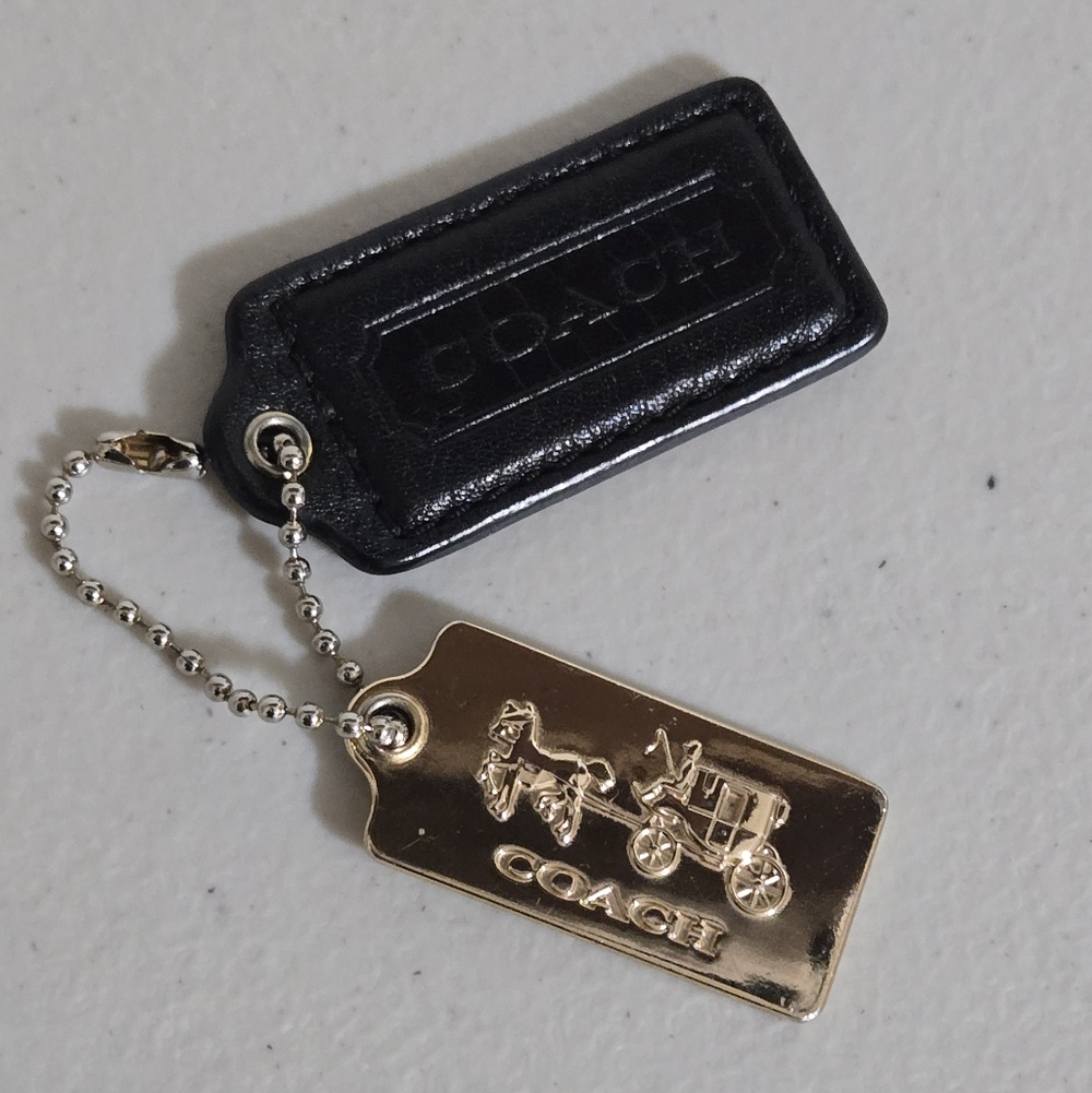 Coach Black Leather and Gold Tag Keychain